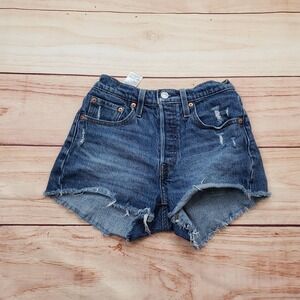 Levis 501 Shorts Womens 24 Blue Denim Button‎ Fly Distressed Raw Hem Cutoff